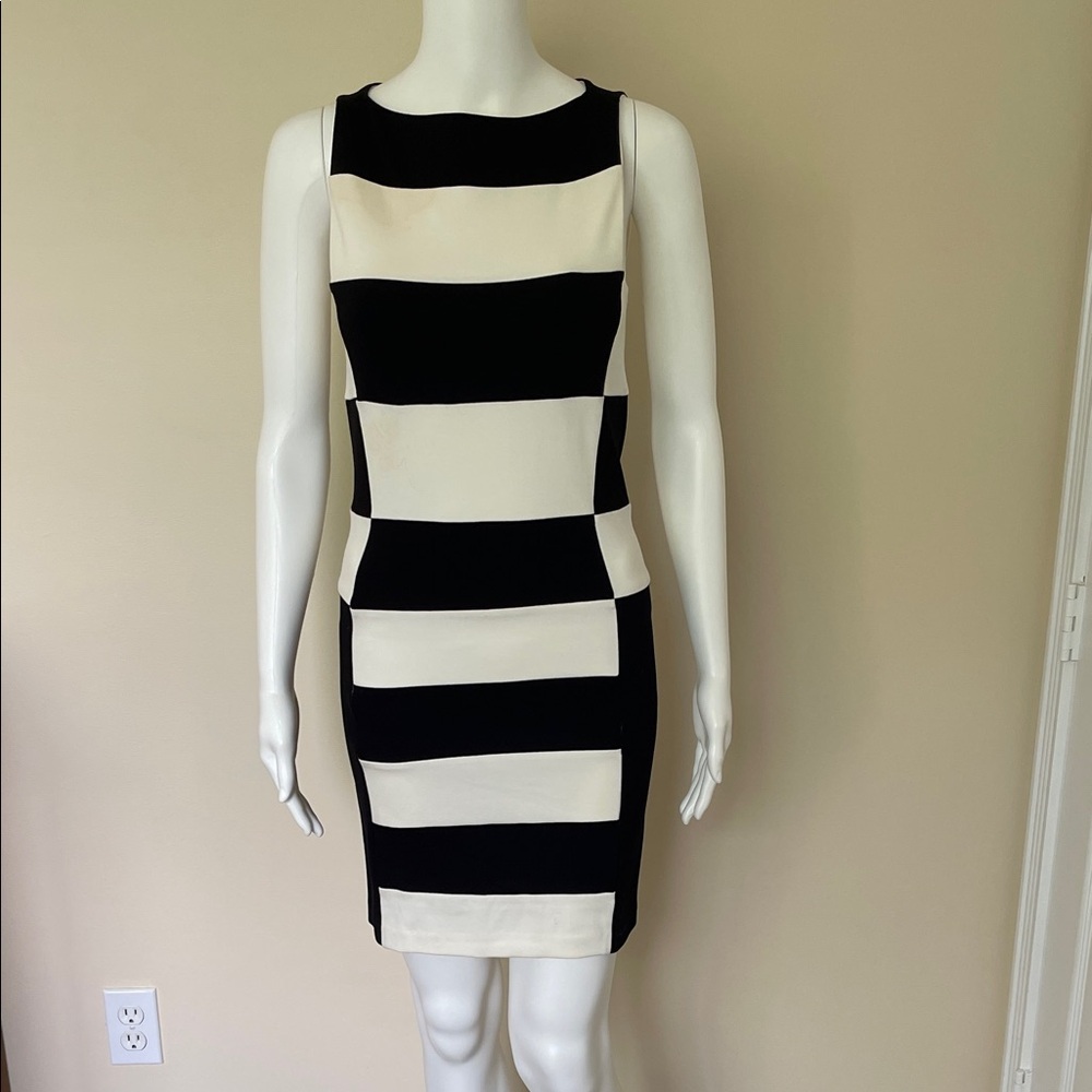 Striped Black and Cream Sleeveless Mini Dress